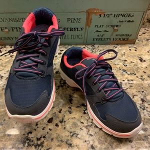 Skechers GOGA Plus Go Walk Navy Blue Sneakers Pink Trim US Women 5 - EUC